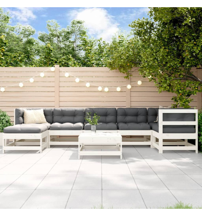 Salon de jardin 8 pcs avec coussins blanc bois massif | Mobilier & Déco