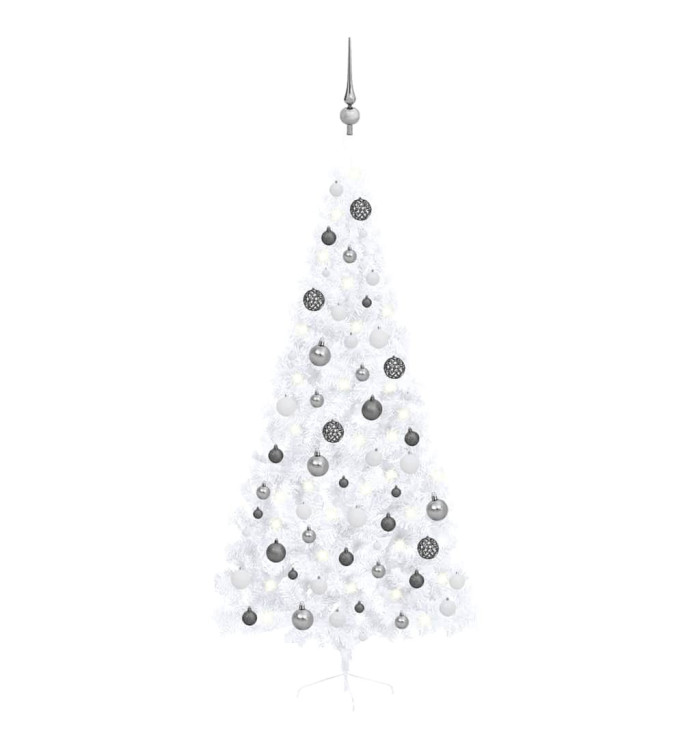 Demi-arbre de Noël artificiel pré-éclairé et boules blanc 210cm | Mobilier & Déco
