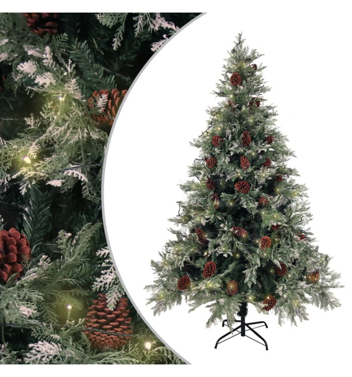 Sapin de Noël pré-éclairé pommes de pin vert blanc 120cm PVC PE | Mobilier & Déco