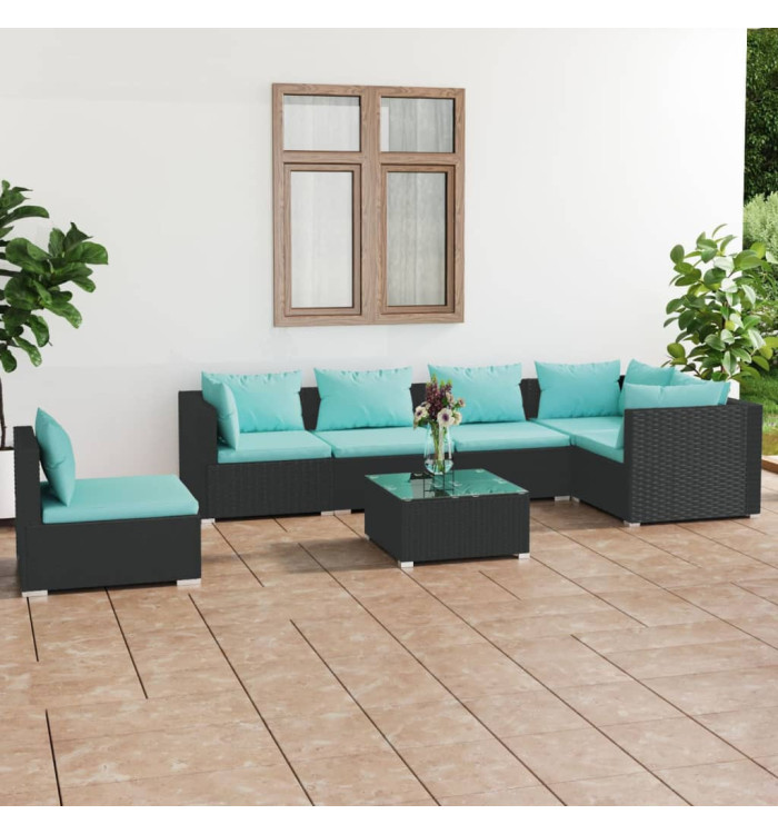 Salon de jardin 7 pcs avec coussins Résine tressée Noir | Mobilier & Déco