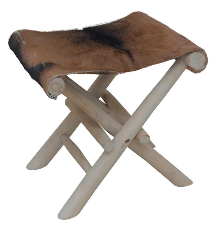 Tabouret pliable Cuir véritable et bois de teck massif | Mobilier & Déco