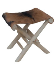 Tabouret pliable Cuir véritable et bois de teck massif | Mobilier & Déco