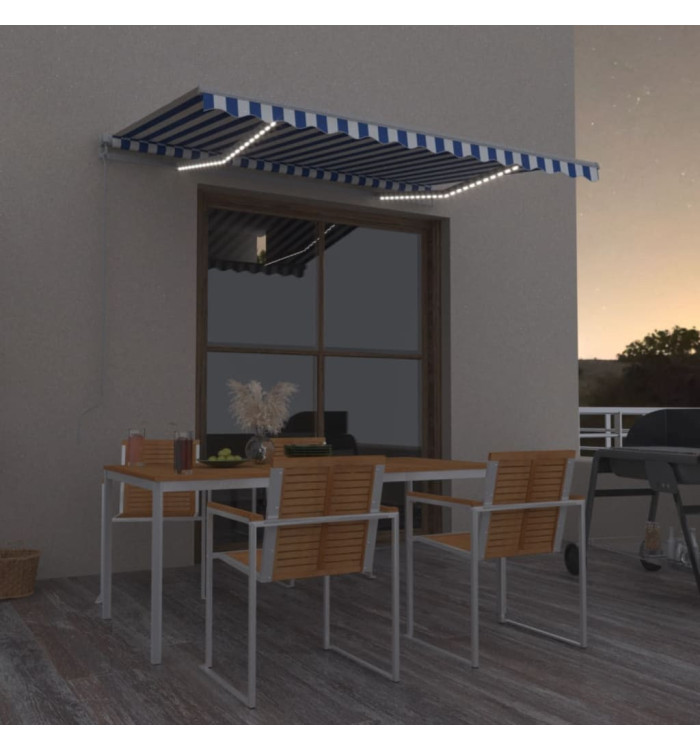 Auvent manuel rétractable avec LED 350x250 cm Bleu et blanc | Mobilier & Déco