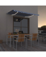 Auvent manuel rétractable avec LED 350x250 cm Bleu et blanc | Mobilier & Déco