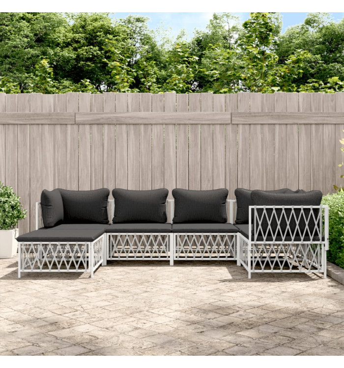 Salon de jardin avec coussins 6 pcs blanc acier | Mobilier & Déco