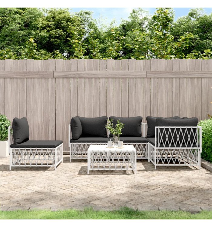 Salon de jardin avec coussins 6 pcs blanc acier | Mobilier & Déco