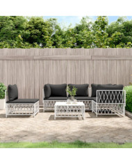 Salon de jardin avec coussins 6 pcs blanc acier | Mobilier & Déco