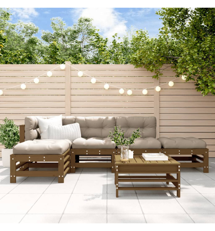 Salon de jardin 6 pcs avec coussins marron miel bois massif | Mobilier & Déco