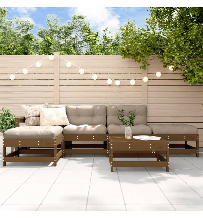 Salon de jardin 6 pcs avec coussins marron miel bois massif | Mobilier & Déco