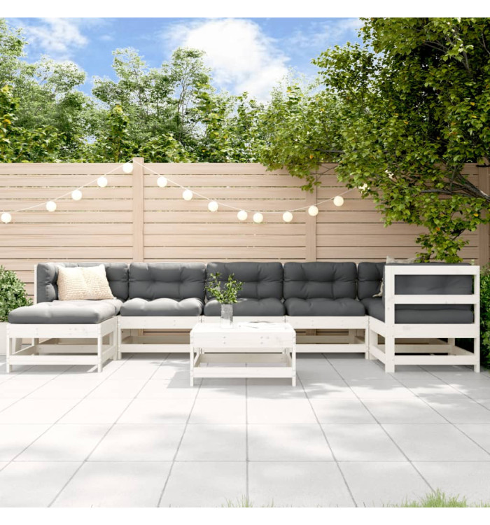 Salon de jardin 8 pcs avec coussins blanc bois massif | Mobilier & Déco