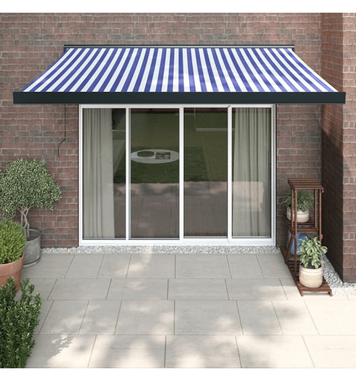 Auvent rétractable bleu et blanc 3x2,5 m tissu et aluminium | Mobilier & Déco