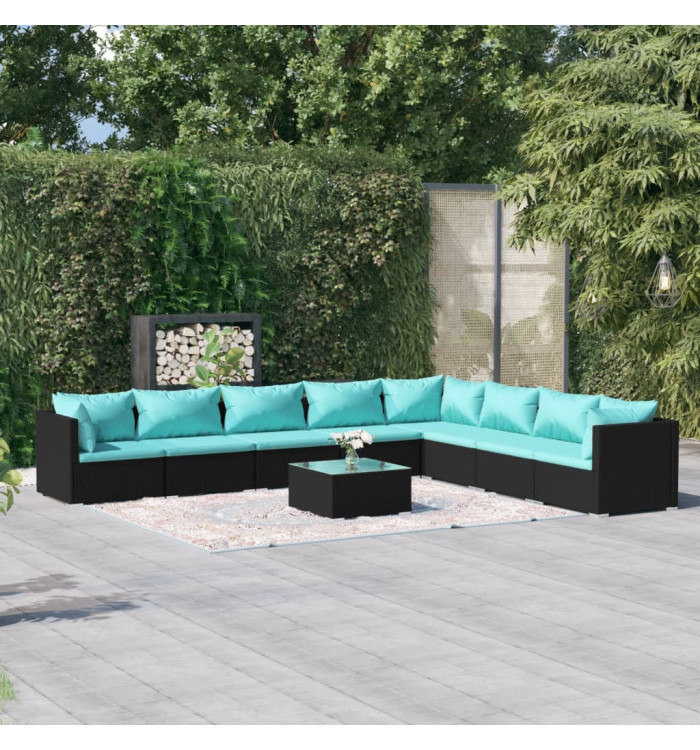 Salon de jardin 9 pcs avec coussins Résine tressée Noir | Mobilier & Déco