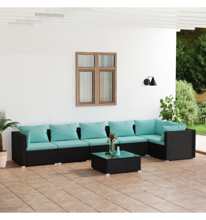 Salon de jardin 7 pcs avec coussins Résine tressée Noir | Mobilier & Déco