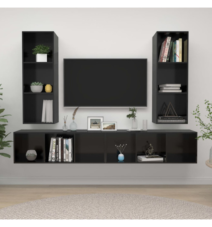 Meubles TV muraux 4 pcs Noir brillant Bois d'ingénierie | Mobilier & Déco
