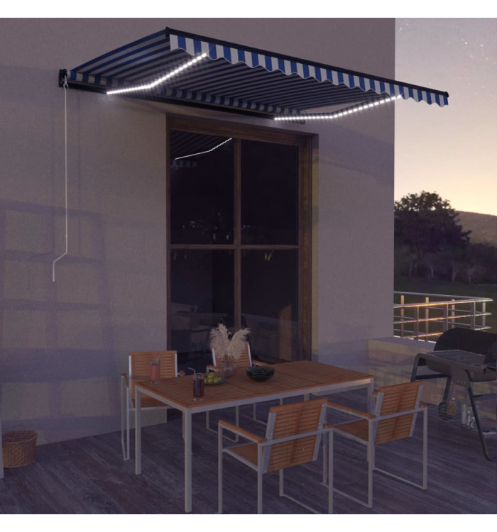 Auvent manuel rétractable avec LED 400x300 cm Bleu et blanc | Mobilier & Déco