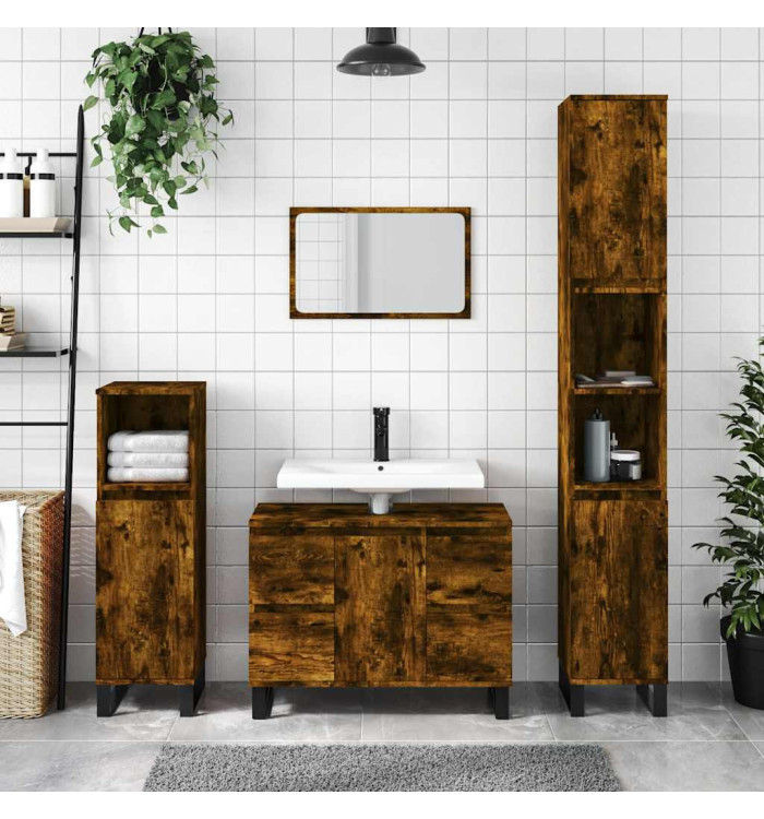 Armoire salle de bain chêne fumé 80x33x60cm bois d'ingénierie | Mobilier & Déco