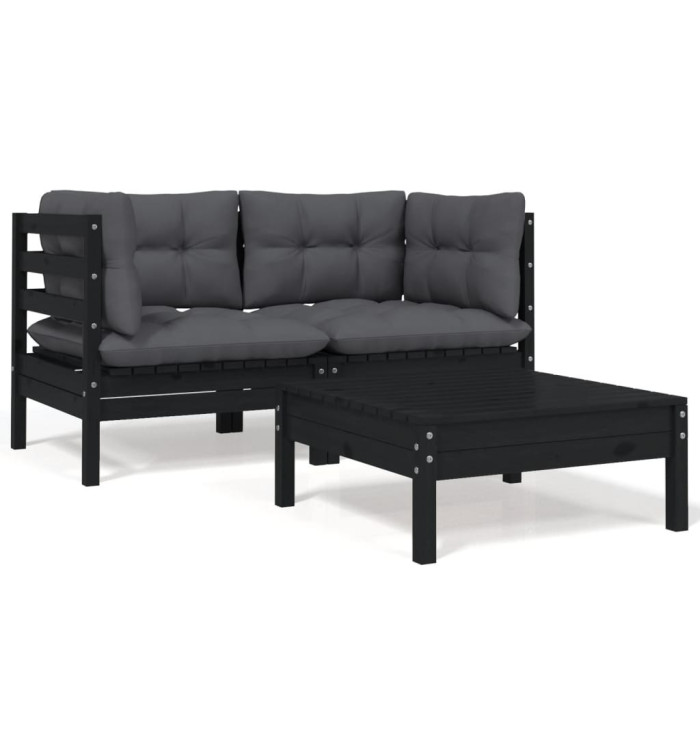 Salon de jardin 3 pcs avec coussins Noir Bois de pin massif | Mobilier & Déco