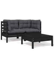 Salon de jardin 3 pcs avec coussins Noir Bois de pin massif | Mobilier & Déco