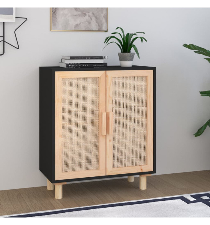 Buffet Noir 60x30x70 cm Bois de pin massif et rotin naturel | Mobilier & Déco