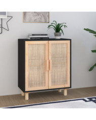 Buffet Noir 60x30x70 cm Bois de pin massif et rotin naturel | Mobilier & Déco