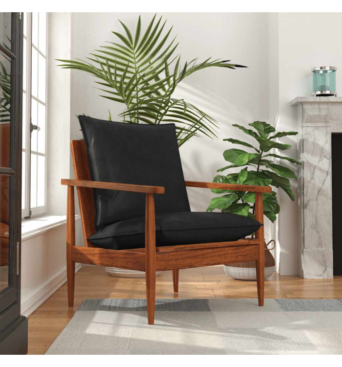 Fauteuil noir cuir véritable et bois d'acacia solide | Mobilier & Déco