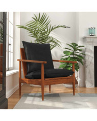Fauteuil noir cuir véritable et bois d'acacia solide | Mobilier & Déco