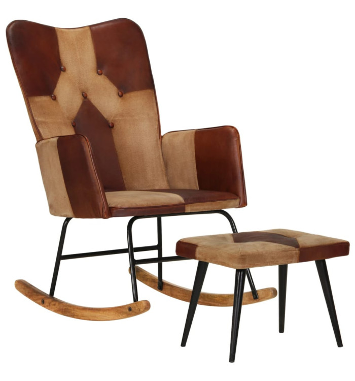 Chaise à bascule et repose-pieds Marron Cuir véritable et toile | Mobilier & Déco