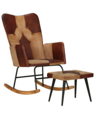 Chaise à bascule et repose-pieds Marron Cuir véritable et toile | Mobilier & Déco