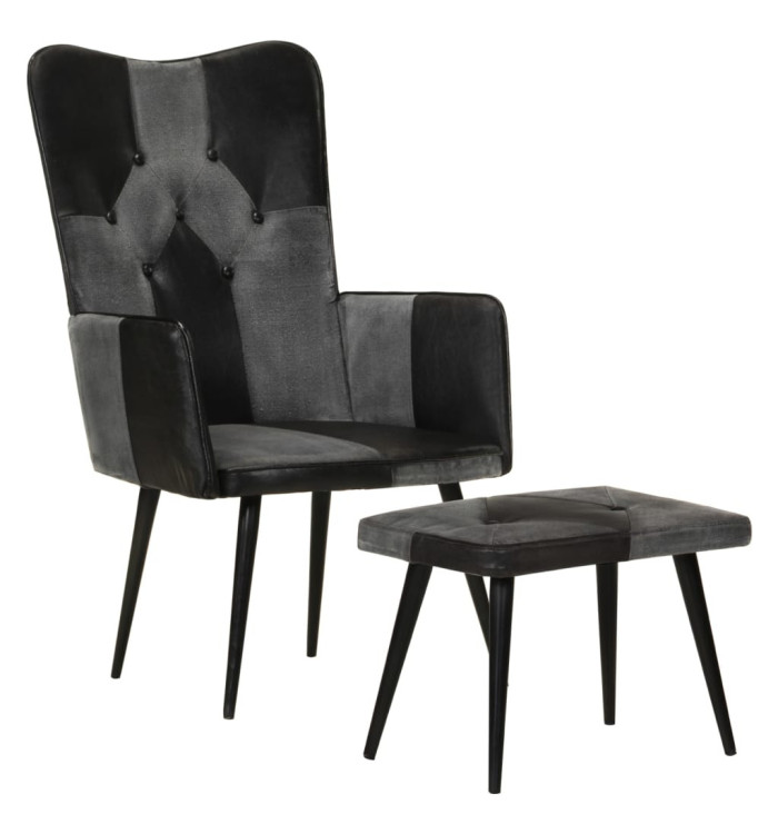 Fauteuil avec repose-pieds Noir Cuir véritable et toile | Mobilier & Déco