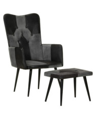 Fauteuil avec repose-pieds Noir Cuir véritable et toile | Mobilier & Déco