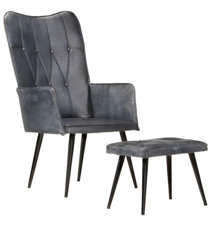 Chaise à oreilles avec repose-pied Gris Cuir véritable | Mobilier & Déco