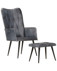 Chaise à oreilles avec repose-pied Gris Cuir véritable | Mobilier & Déco