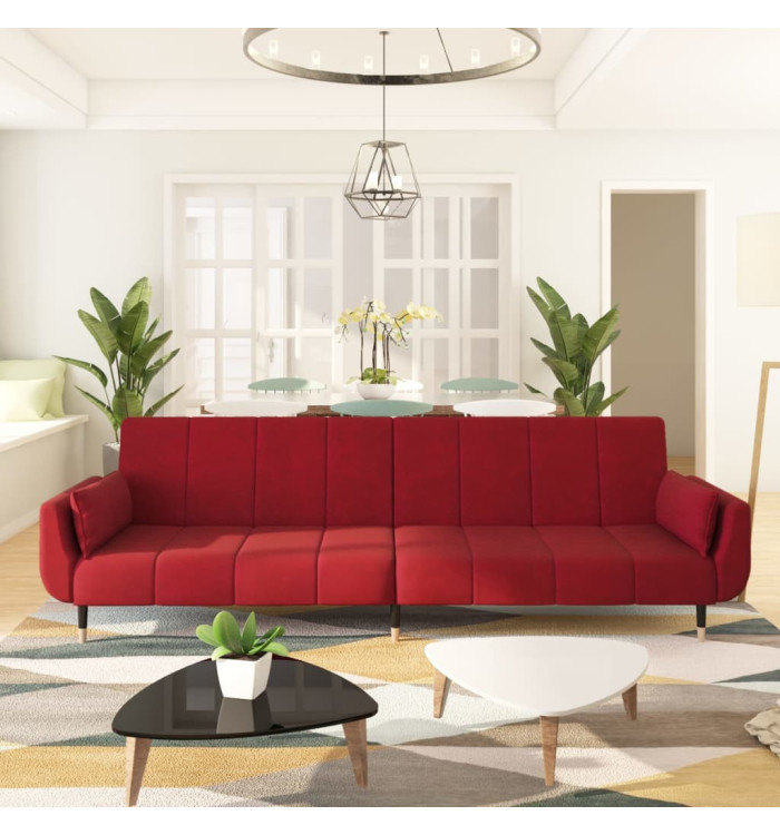 Canapé-lit à 2 places et deux oreillers Rouge bordeaux Velours | Mobilier & Déco