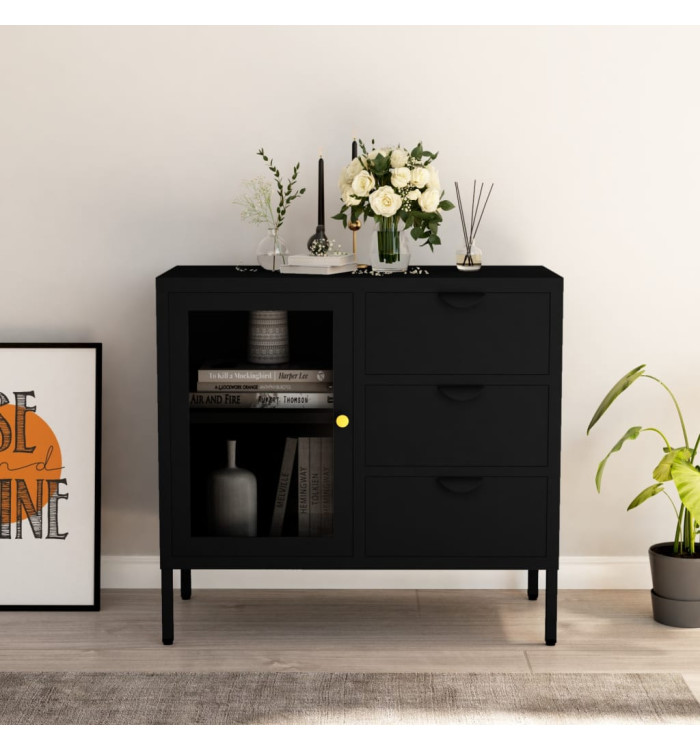 Buffet Noir 75x35x70 cm Acier et verre trempé | Mobilier & Déco