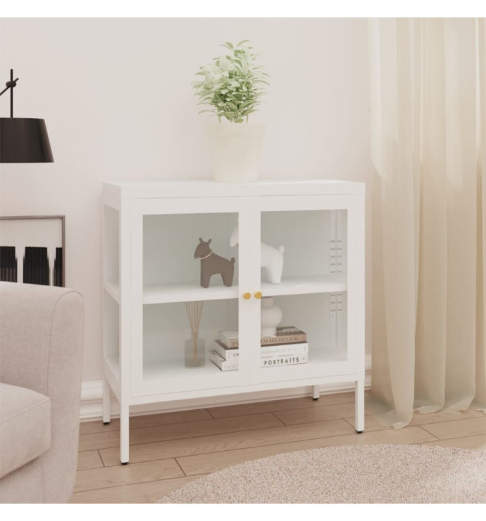 Buffet Blanc 70x35x70 cm Acier et verre | Mobilier & Déco