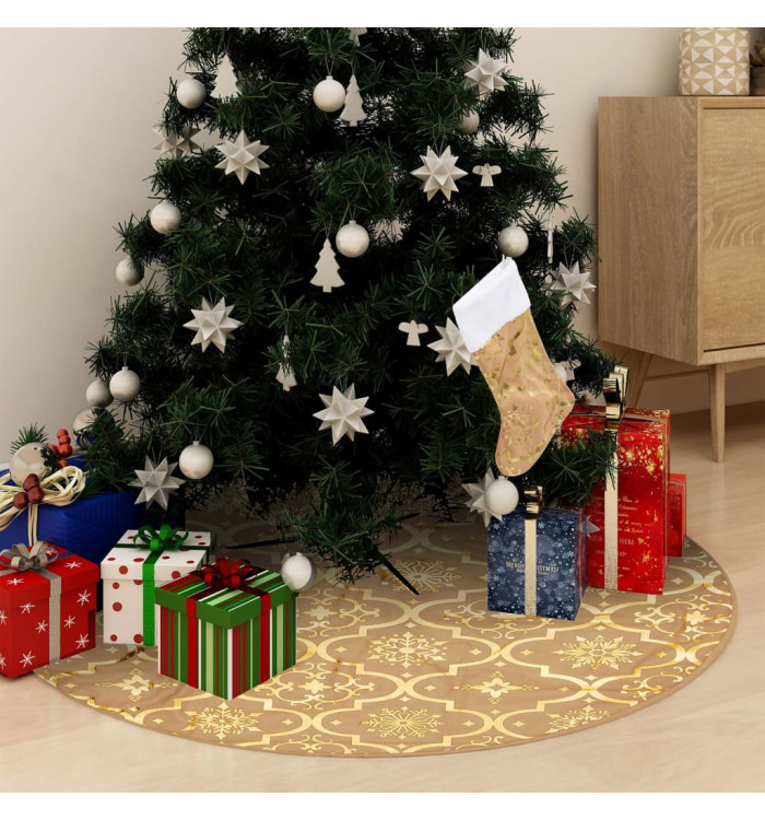Jupe de sapin de Noël de luxe avec chaussette Jaune 122cm Tissu | Mobilier & Déco