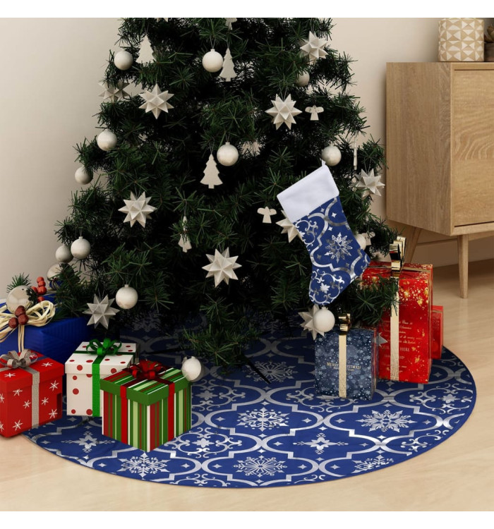 Jupe de sapin de Noël de luxe avec chaussette Bleu 122 cm Tissu | Mobilier & Déco