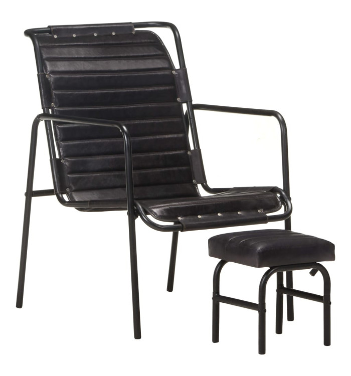 Fauteuil de relaxation avec repose-pied Noir Cuir véritable | Mobilier & Déco