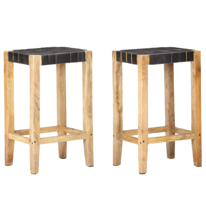 Tabourets de bar lot de 2 noir cuir véritable 75 cm | Mobilier & Déco
