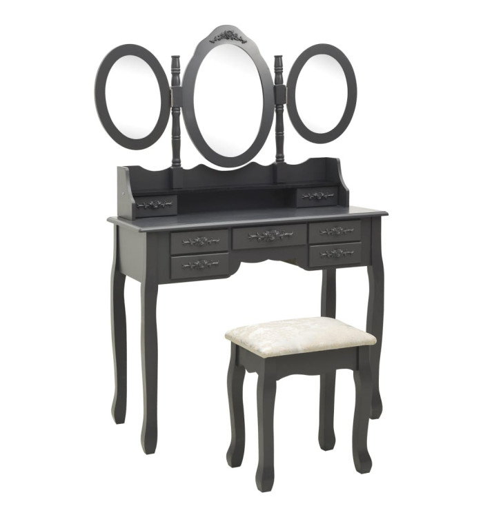 Coiffeuse avec tabouret et miroir pliable en 3 Gris | Mobilier & Déco