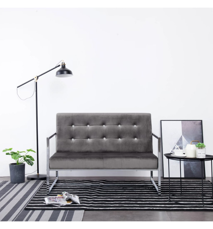 Canapé 2 places avec accoudoirs Gris foncé Chrome et velours | Mobilier & Déco