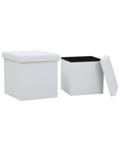 Tabourets de rangement pliables lot de 2 blanc similicuir | Mobilier & Déco