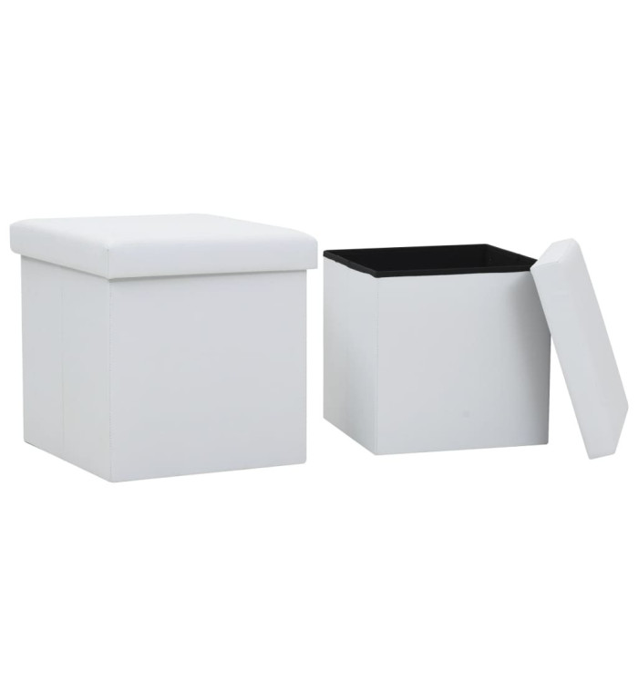 Tabourets de rangement pliables lot de 2 blanc similicuir | Mobilier & Déco