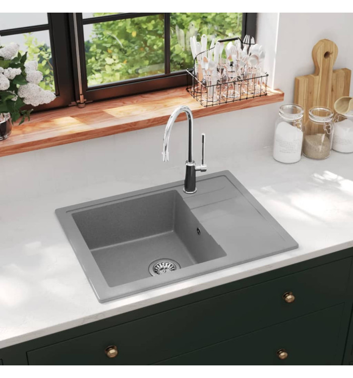 Évier de cuisine avec trou de trop-plein ovale Gris Granit | Mobilier & Déco