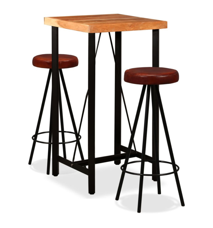 Ensemble de bar 3 pcs Bois d'acacia massif et cuir véritable | Mobilier & Déco