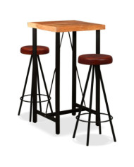 Ensemble de bar 3 pcs Bois d'acacia massif et cuir véritable | Mobilier & Déco