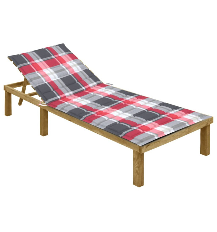 Chaise longue avec coussin carreaux rouge Bois de pin imprégné | Mobilier & Déco