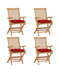 Chaises de jardin et coussins rouge lot de 4 Bois teck massif | Mobilier & Déco