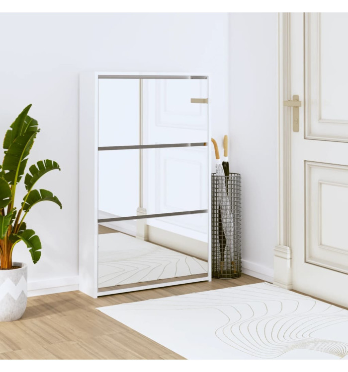 Armoire chaussures miroir 3niveaux Blanc brillant 63x17x102,5cm | Mobilier & Déco