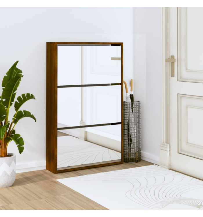 Armoire à chaussures miroir 3niveaux Chêne marron 63x17x102,5cm | Mobilier & Déco